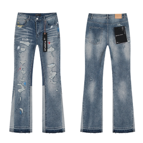 Light Blue Washed Flared Denim Jeans with Patchwork Distressing and Multicolor Paint Splatter